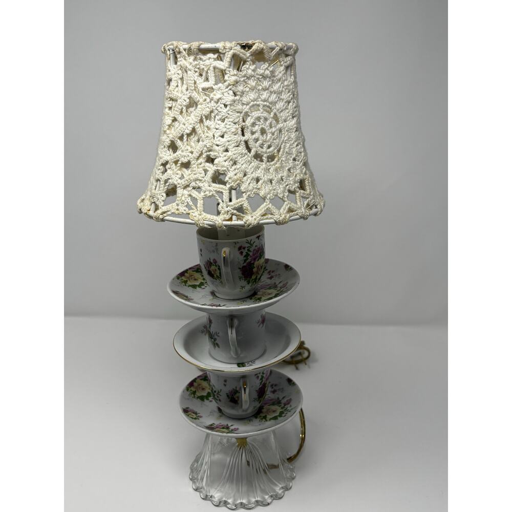 Vintage Teacup Lamp with Crochet Lace Shade – Floral Cottagecore Accent Light